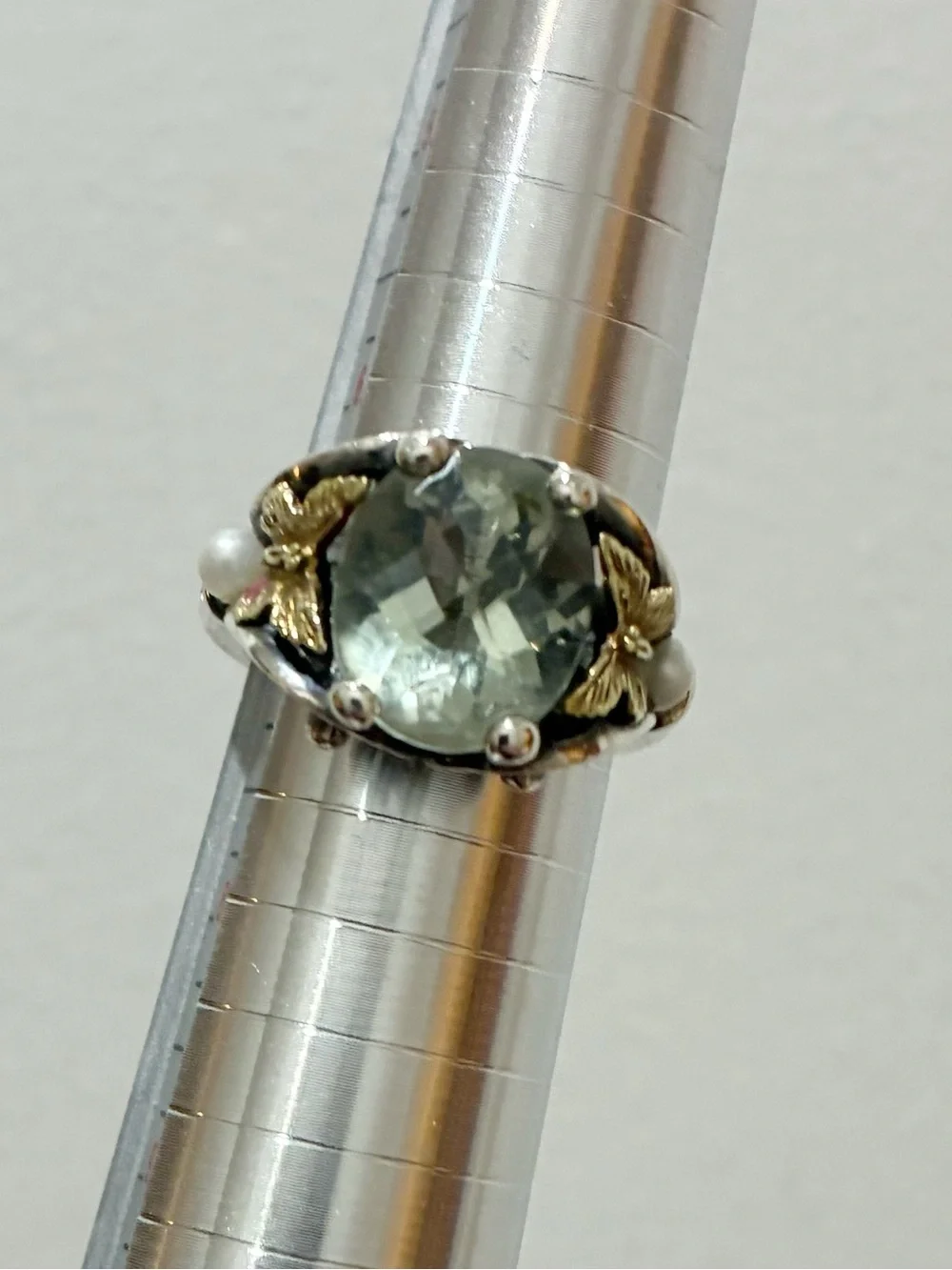 Ann King Prasiolite, Pearl, 18kt and Sterling Silver Butterfly Ring